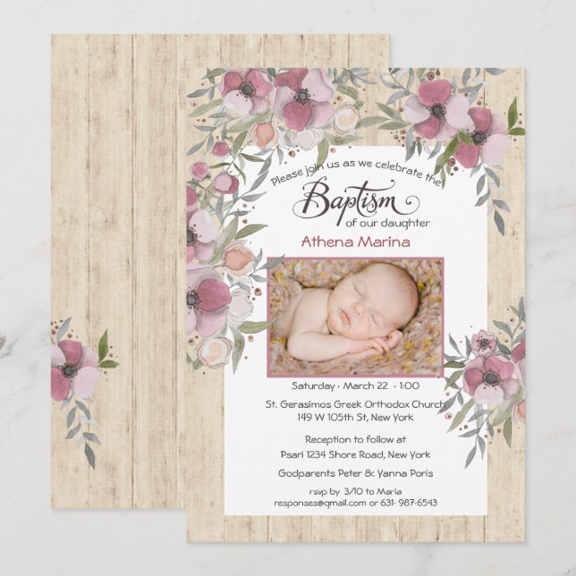 Athena Wood Baptism Invitation (Front/Back)