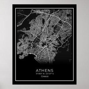 Athens City Map - Athnes Black Map Poster