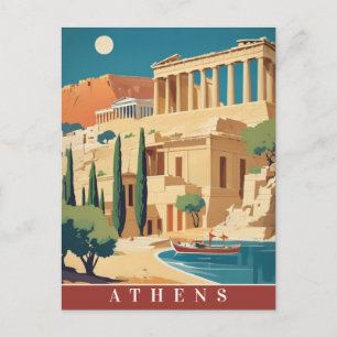 Athens Greece Acropolis Retro Vintage Travel Art Postcard
