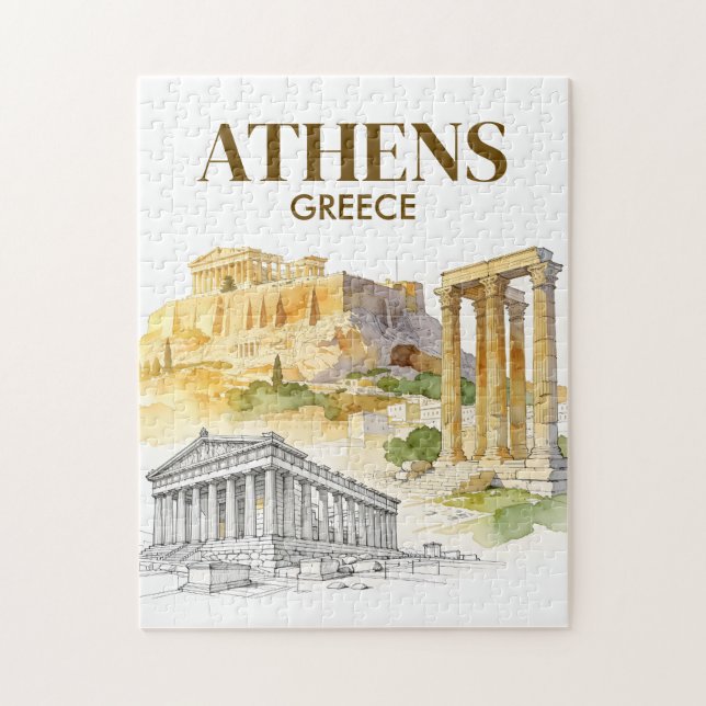 Athens Greece Acropolis Watercolor Sketch Travel Jigsaw Puzzle (Vertical)