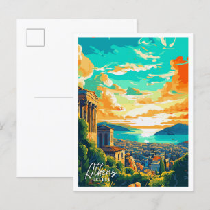 Athens Greece Art vintage travel illustration Postcard