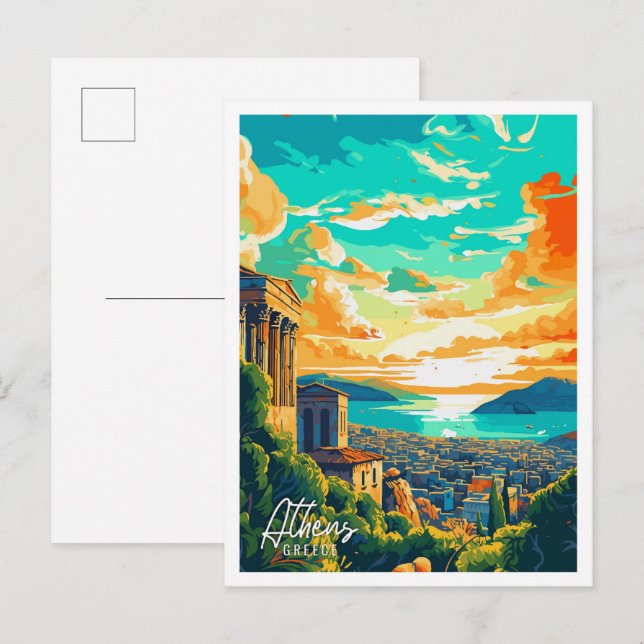 Athens Greece Art vintage travel illustration Postcard (Front/Back)