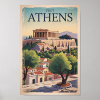 Athens Greece Illustration Travel Art Vintage