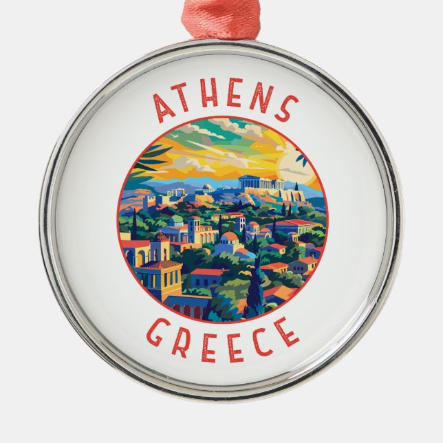 Athens Greece Retro Distressed Circle Metal Tree Decoration (Front)