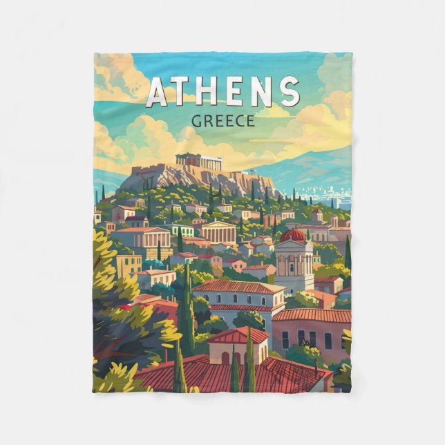 Athens Greece Travel Art Vintage Fleece Blanket (Front)