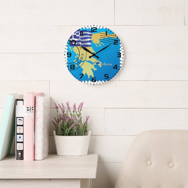 Athens Greece Travel Stamp Greek Flag and Map  Large Clock (Creator Uploaded)