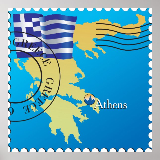 Athens Greece Travel Stamp Greek Flag and Map  Poster (Front)