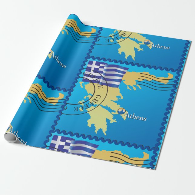 Athens Greece Travel Stamp Greek Flag and Map  Wrapping Paper (Unrolled)