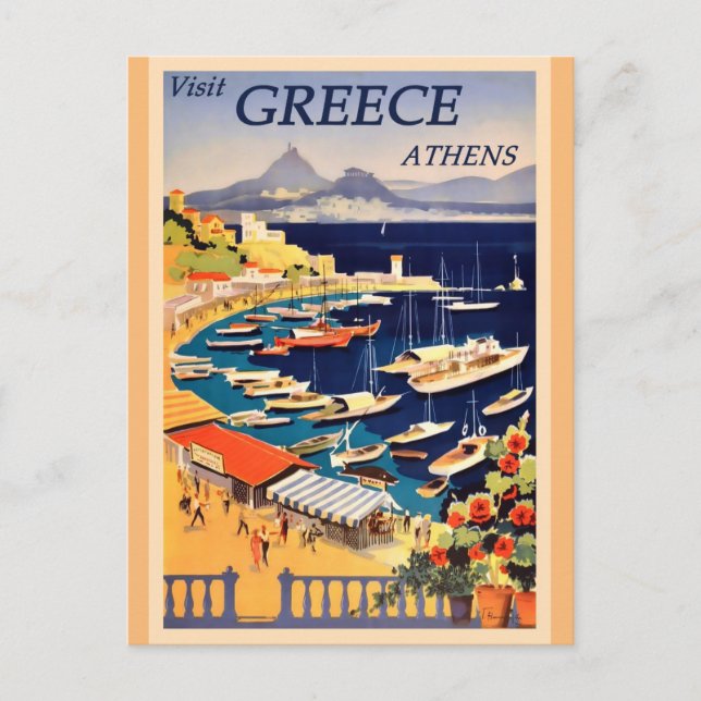 Athens Greece Vintage Greek Travel Poster Postcard (Front)