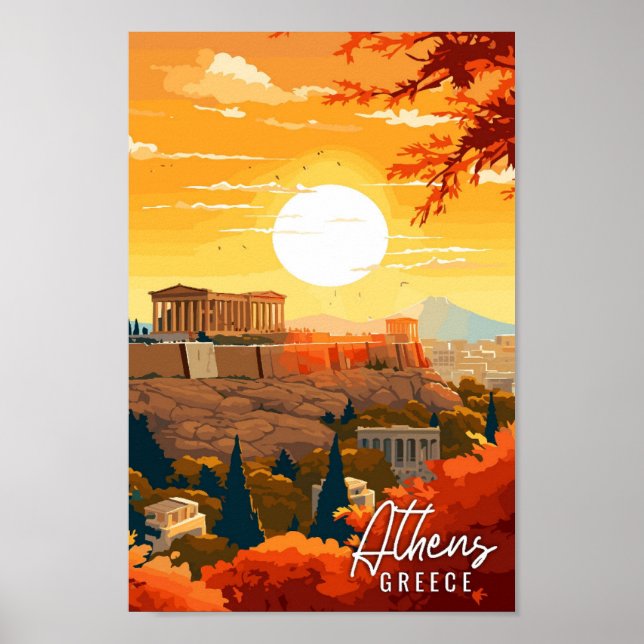 Athens Greece vintage travel illustration Poster (Front)