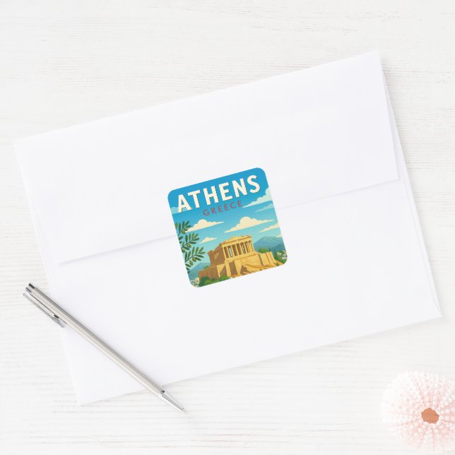 Athens Greece Vintage Travel | Parthenon Acropolis Square Sticker (Envelope)