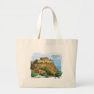 Athens Greece Watercolor   Historic Views Large Tote Bag