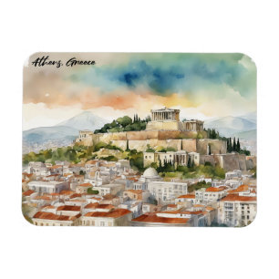 Athens Greece Watercolor Painting Panorama View Magnet