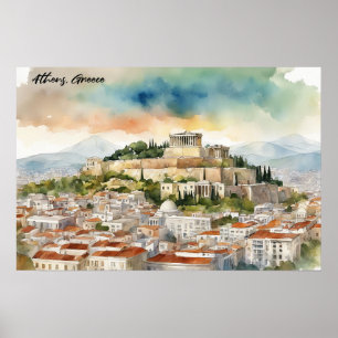 Athens Greece Watercolor Painting Panorama View Poster