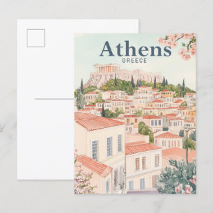 Athens Greece Watercolor Painting Travel Postcard