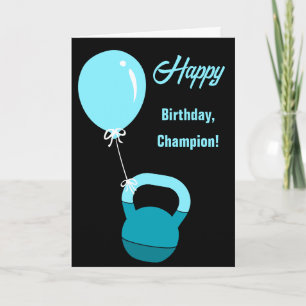 Athlete Kettlebell Balloon Happy Birthday Champion Card