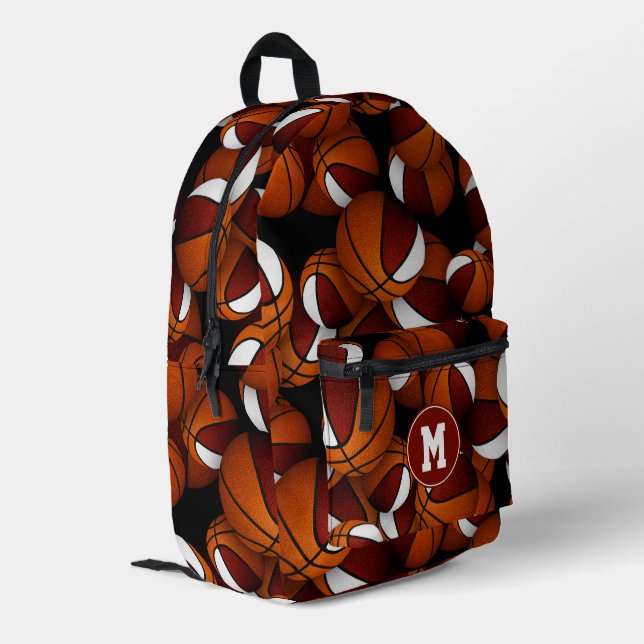 Athlete monogram maroon white basketballs printed backpack (Back Corner Left)