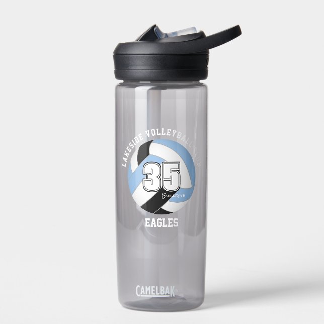 athlete name blue black volleyball team spirit water bottle (Left)