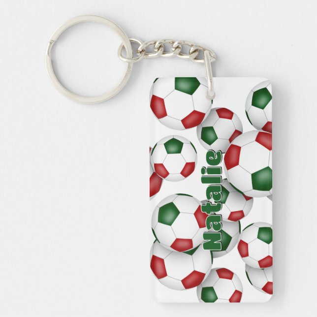 athlete name cluster of red green soccer balls key ring (Front)