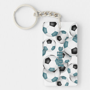 athlete name cluster of teal black soccer balls key ring