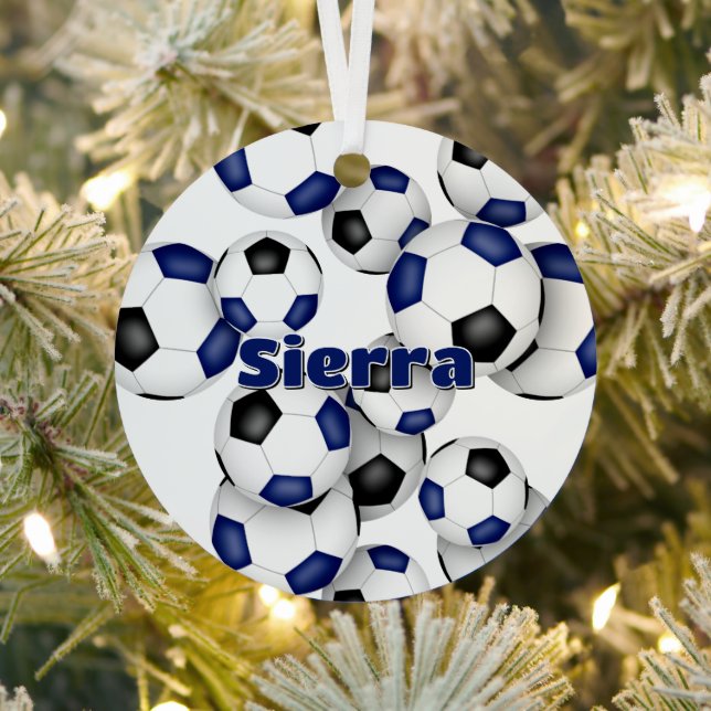 athlete name on blue black soccer balls keepsake metal tree decoration (Insitu)