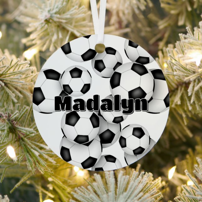 athlete name on cluster of soccer balls keepsake metal tree decoration (Insitu)