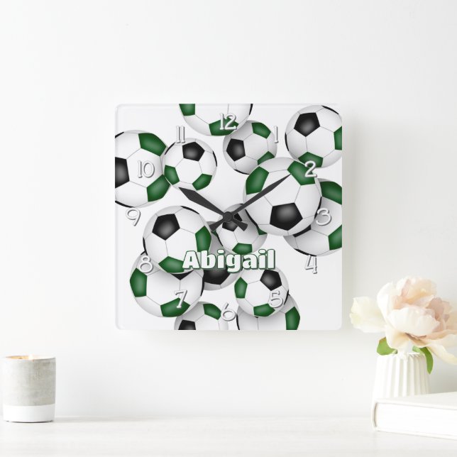 athlete name on green black soccer balls square wall clock (Home)