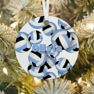 athlete name on lt blue black volleyballs keepsake metal tree decoration