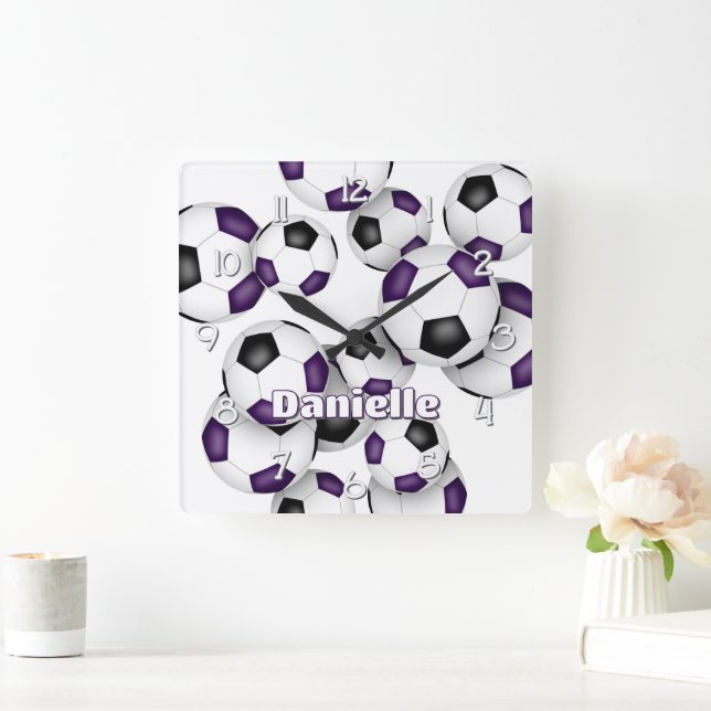 athlete name on purple soccer balls cluster square wall clock (Home)