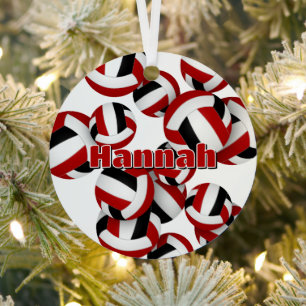 athlete name on red black volleyballs keepsake metal tree decoration