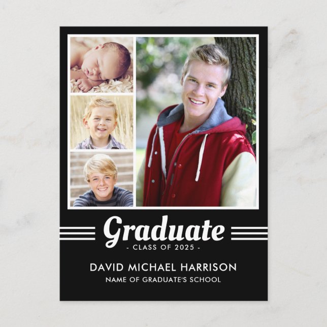Athletic Black & White Multi-Photo Graduation Postcard (Front)