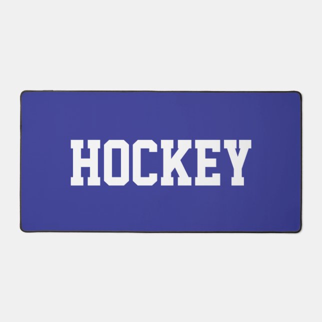 Athletic Bold White HOCKEY Text On Deep Blue Desk Mat (Front)