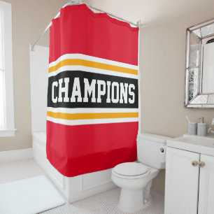 Athletic CHAMPIONS Bright Red Black Racing Stripes Shower Curtain