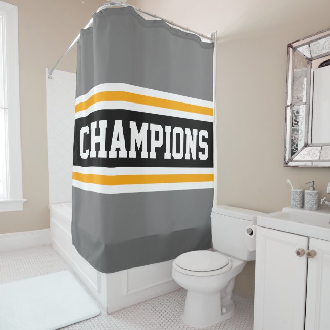 Athletic CHAMPIONS Grey Black Racing Stripes Shower Curtain (In Situ)