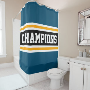 Athletic CHAMPIONS Teal Blue Black Racing Stripes Shower Curtain