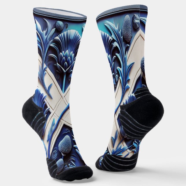 Athletic Crew Sock with Scottish Thistles Design (Angled)