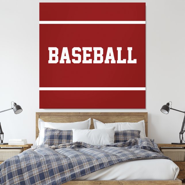 Athletic Deep Red White BASEBALL Text Stripes Canvas Print (Insitu(Bedroom))