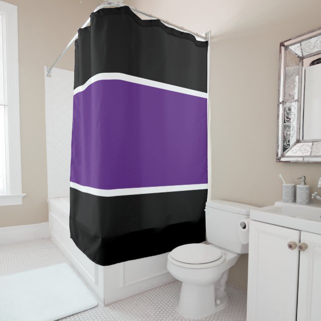 Athletic Fun Wide Royal Purple White Black Stripes Shower Curtain (In Situ)