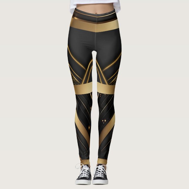 Athletic Modern Geometric Black and Gold Leggings (Front)