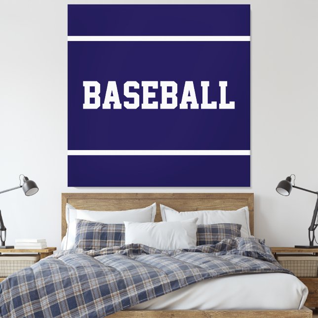 Athletic Navy Blue White BASEBALL Text Stripes Canvas Print (Insitu(Bedroom))