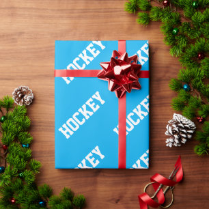 Athletic Slant White HOCKEY Text On Azure Blue Wrapping Paper