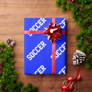 Athletic Slant White SOCCER Text On Bright Blue Wrapping Paper