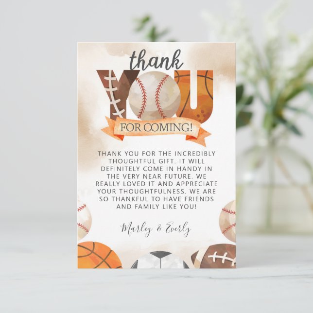 Athletic Sports Ball Thank Card Note (Standing Front)