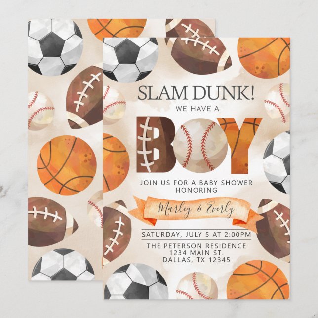 Athletic Sports Balls Boy Baby Shower Invitation (Front/Back)