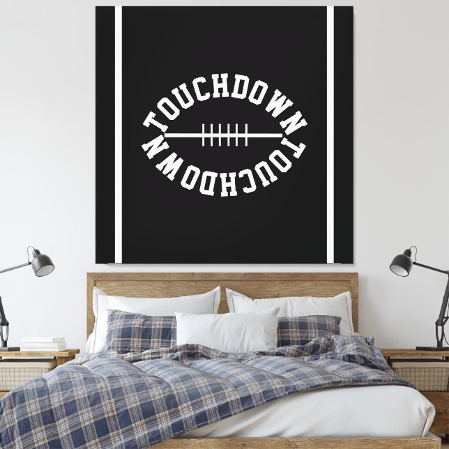 Athletic TOUCHDOWN Text Stripes On Modern Black Canvas Print (Insitu(Bedroom))