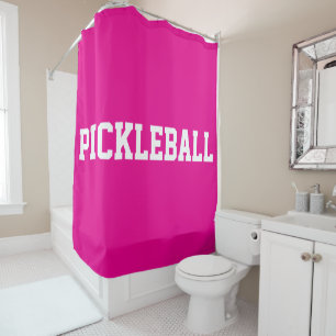 Athletic White PICKLEBALL Text On Bright Hot Pink Shower Curtain