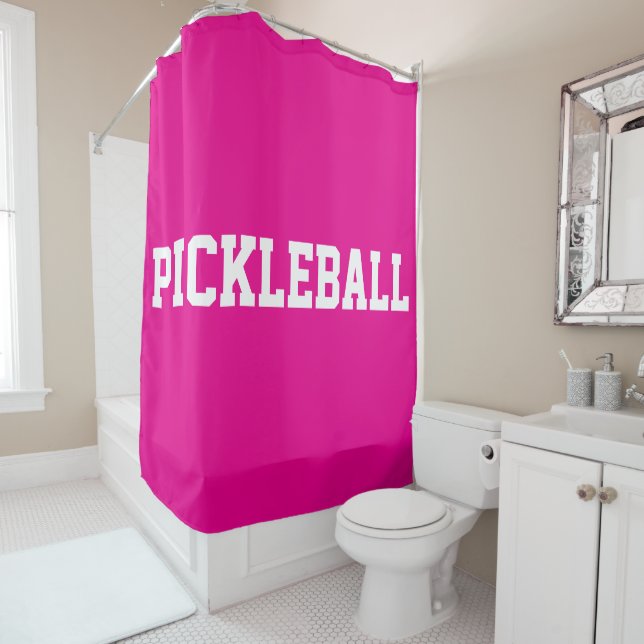 Athletic White PICKLEBALL Text On Bright Hot Pink Shower Curtain (In Situ)