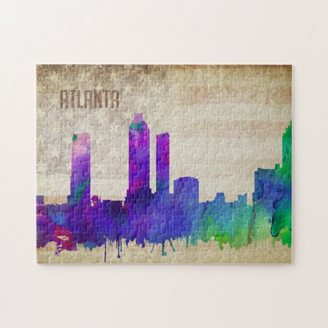 Atlanta, GA | Watercolor City Skyline Jigsaw Puzzle (Horizontal)