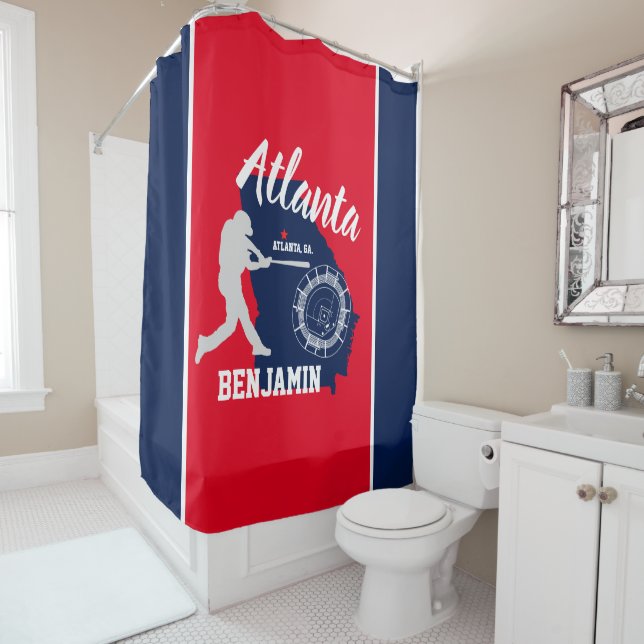 Atlanta Georgia Red and Navy Baseball Shower Curtain (In Situ)