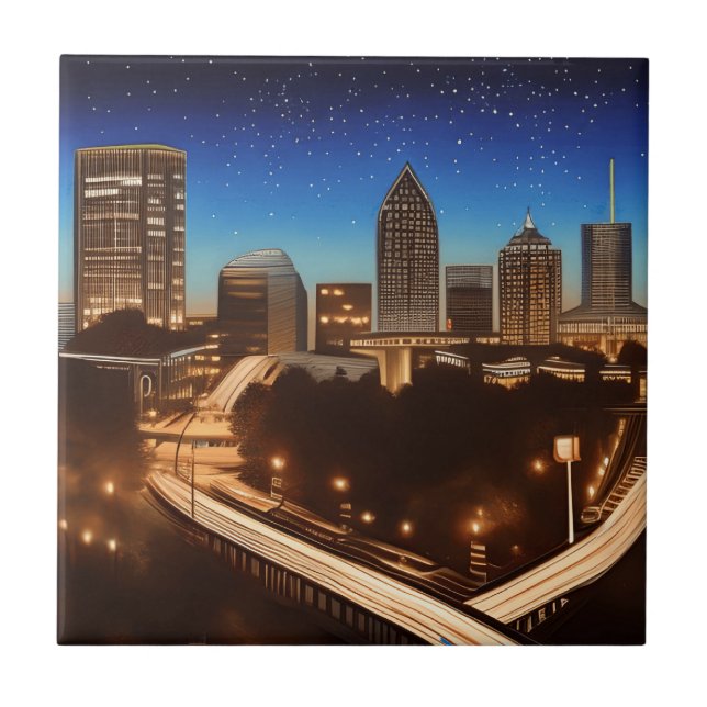 Atlanta Georgia Skyline Blue Starry Evening Tile (Front)